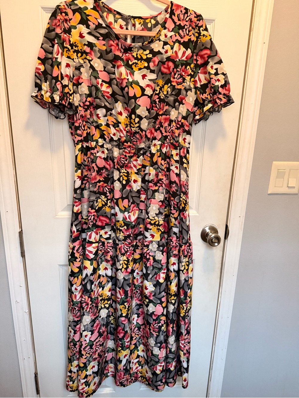 SHEIN Black Maxi Dress with Pink, Yellow and Gray Floral Pattern